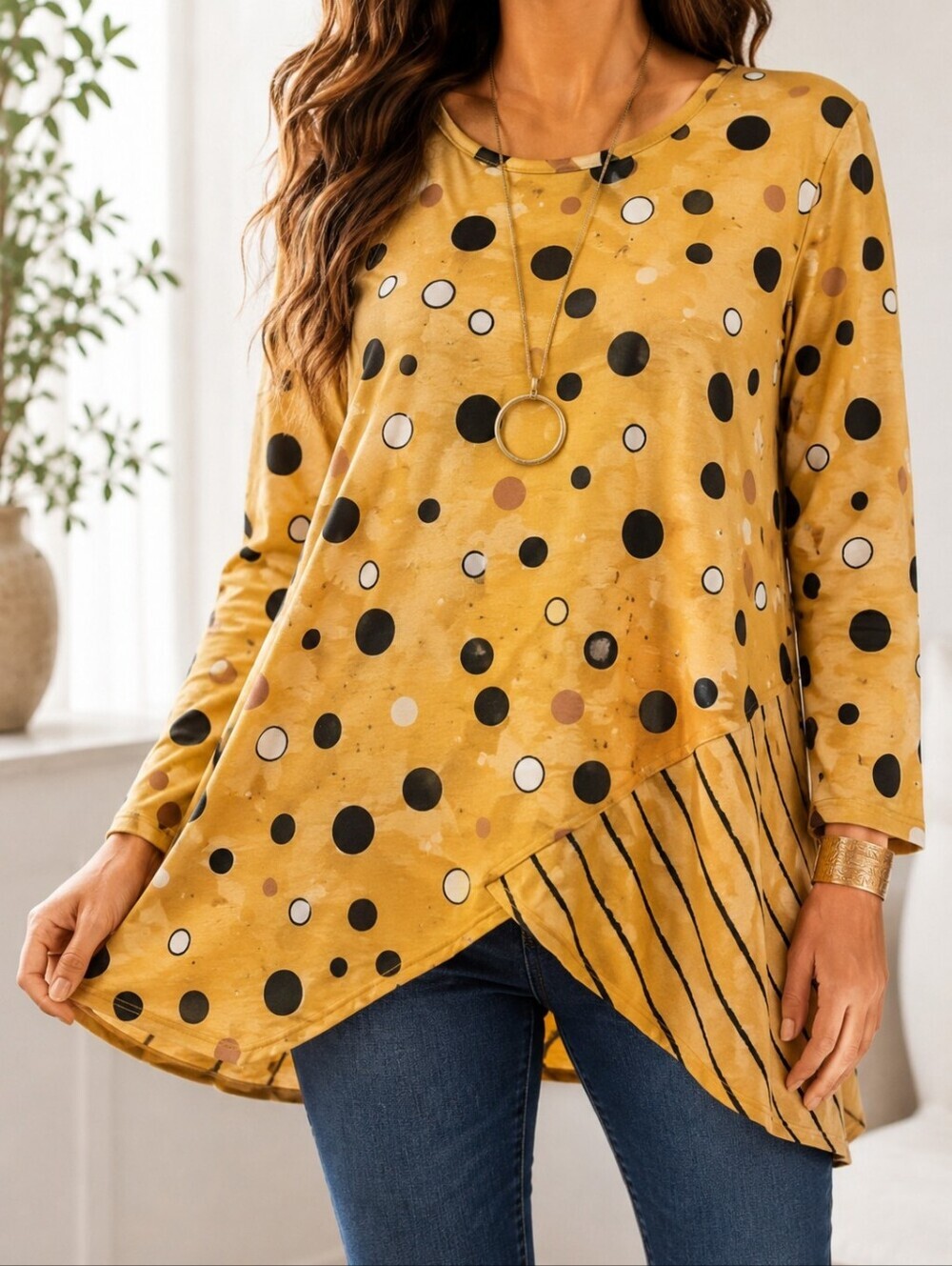 Artsy Lagenlook Tunic Top Asymmetrical Hem Boho Swing Polka Dot 3X - Picture 2 of 8